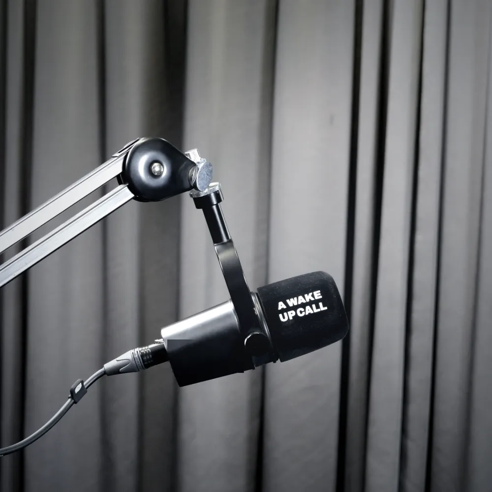 Branded Foam Cover printed with A Wake Up Call on a microphone
